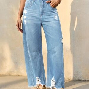 Cicy Bell Women’s Baggy Barrel Jeans Cropped Wide Leg Distressed Raw Hem Denim